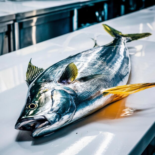 Sea fresh dorado fish lies on a white table