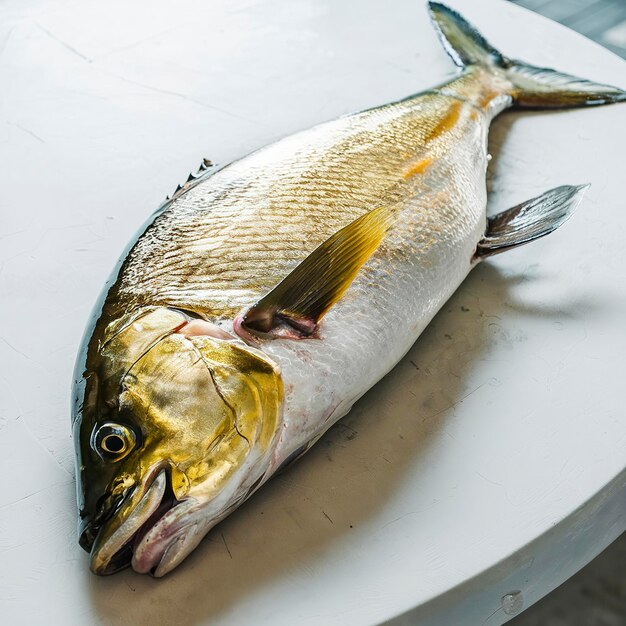 Sea fresh dorado fish lies on a white table