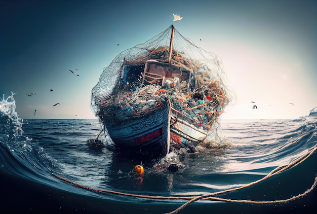 Sea garbage on the fishing ship on the sea background Pollution and environment concept Digital art illustration Generative AI