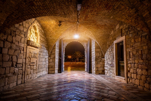 Sea gate at night in Kotor, Montenegro