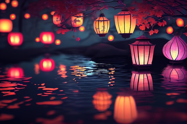 A Sea of Glowing Lanterns A Stunning Reflection Over Water Generative Ai