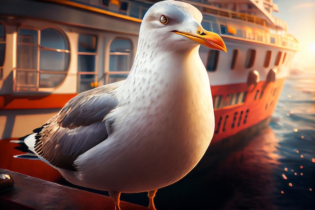 Sea gull bird on the railing of the ship stern illustration Generative AI