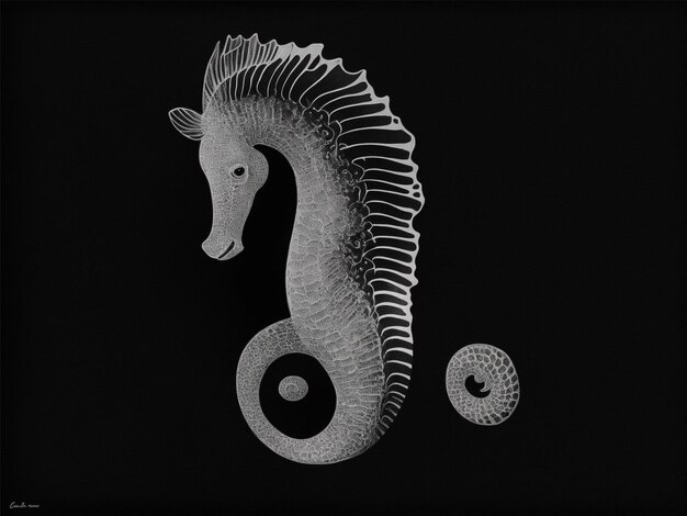 Sea horse black white cartoon illustration black background