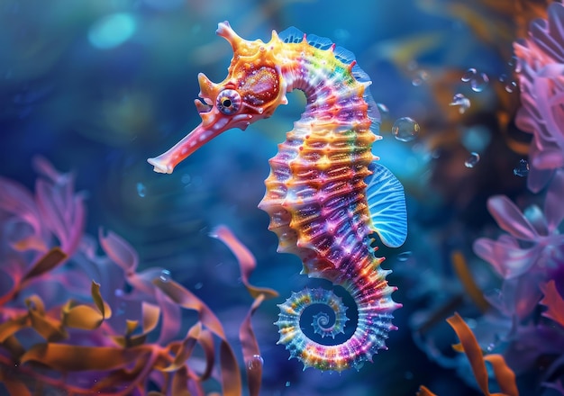 Sea horse swimming in the corals