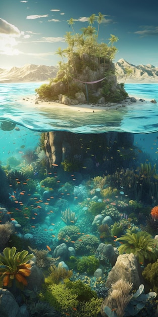 The sea is a little island that is surrounded by fish and a small island.