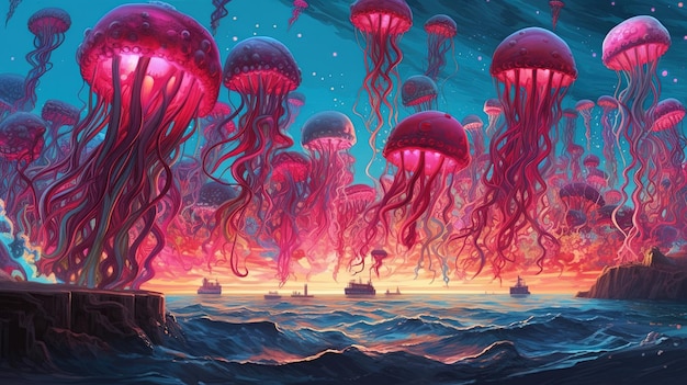 A sea of jellyfish floating in a surreal landscape fantasy concept illustration painting generative ai