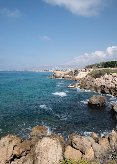 Sea landscape sea waves crashing against the rocks tantura nature reserve cyprus