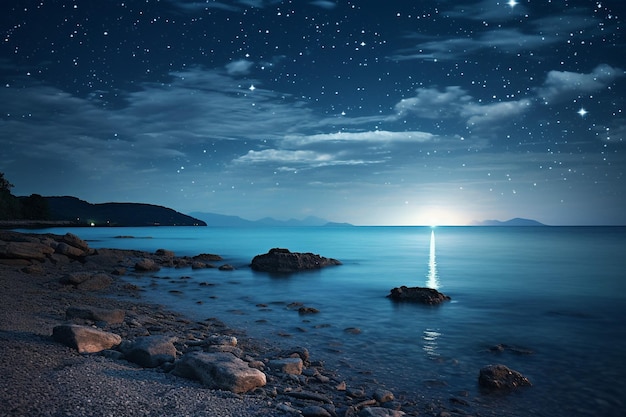 Photo sea landscape with moon and stars in sky at night