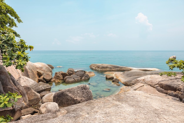 Sea landscape with rocks in the foreground and sky in the background Therapeutic natural scenery gives a feeling of relaxation At Koh Samui Surat Thani Province Thailand