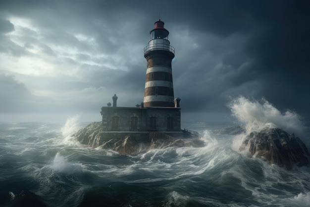 Sea landscape with stormy waves and lighthouse Navigation for ships Generative AI