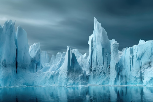 Foto vista a livello del mare di pezzi di ghiaccio provenienti da un ghiacciaio in distacco, creata con l'intelligenza artificiale generativa