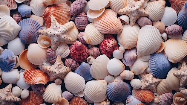 Sea life background pile of starfish shells top view