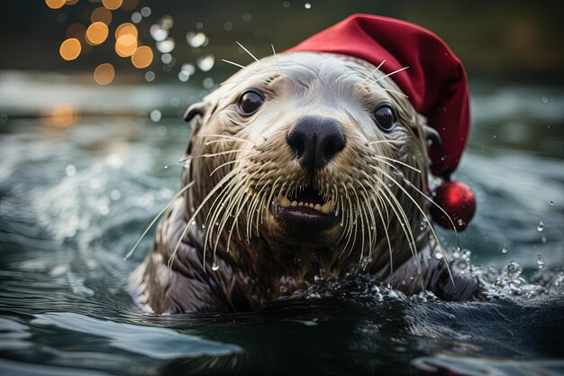 写真 サンタクロースとして海獅子動物 クリスマスの面白いイラスト