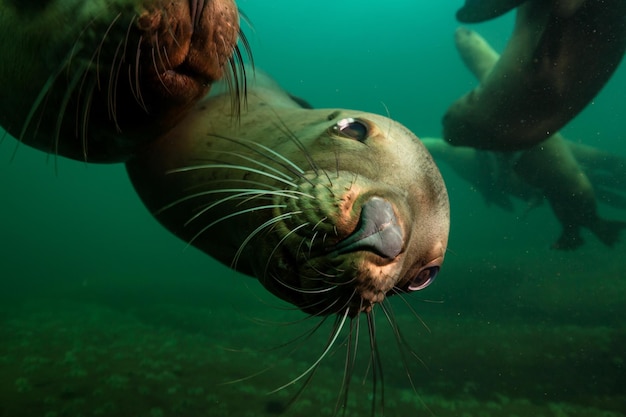 Sea Lion Swimming underwater in Pacific Ocean