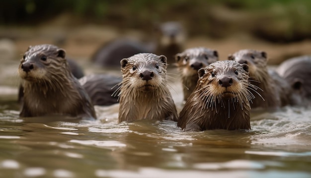 Sea lion trio playfully swim in ocean generated by AI