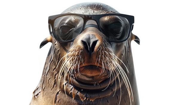 Sea Lion wearing sunglasses against white background