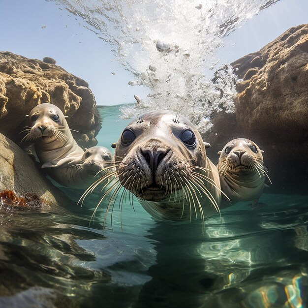 Photo sea lions around a submerged rock formation