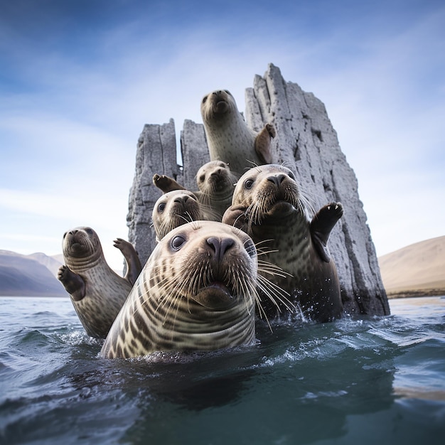 Photo sea lions around a submerged rock formation