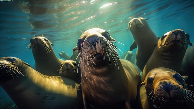 Sea lions in the water with the sun shining on them