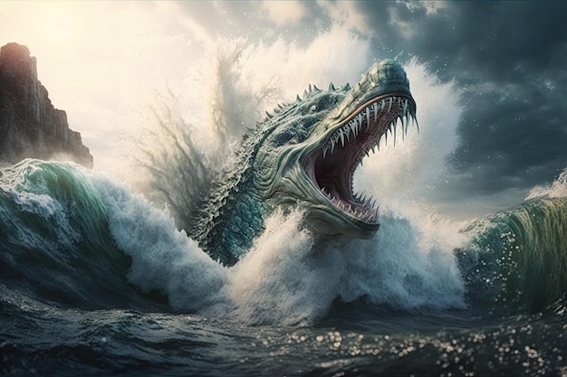 A sea monster emerging from the water sending waves crashing against the shore