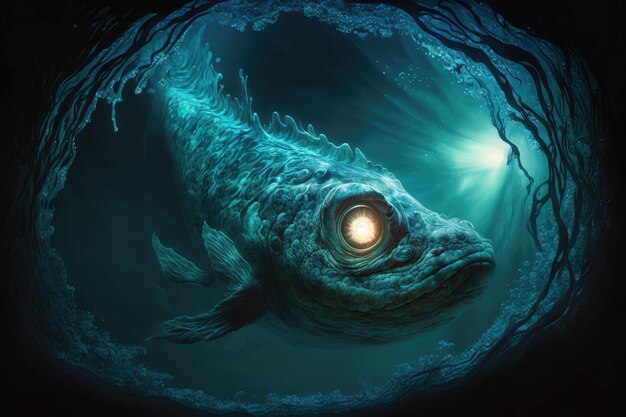 Foto un mostro marino che insegue la sua preda nelle profondità dell'oceano illuminato da un bagliore etereo
