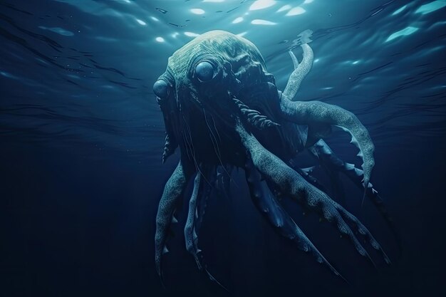 Sea monster swimming in the deep mysterious ocean