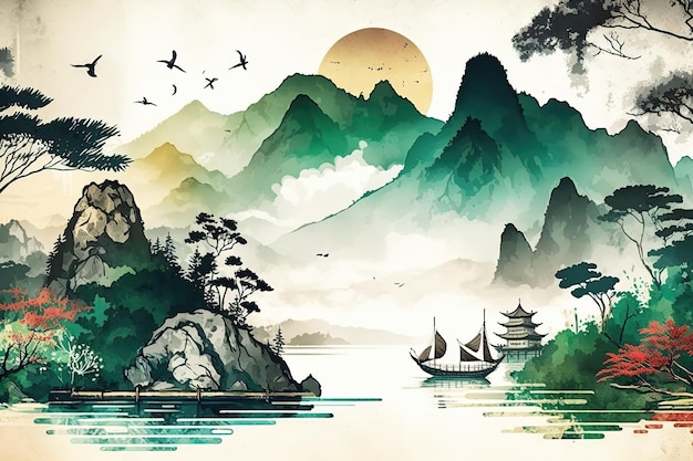 Sea and mountain landscape in Chinese styleBeautiful print for your decor and design Generative ai