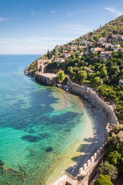 sea, mountain and old fortress in Alanya, Turkey