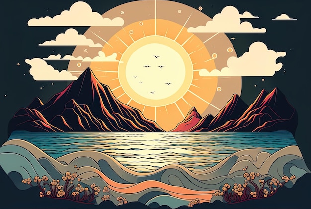 Sea and mountains in a landscape in the manner of a sun cartoon