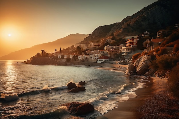 Sea and mountains landscape with city at colorful sunset