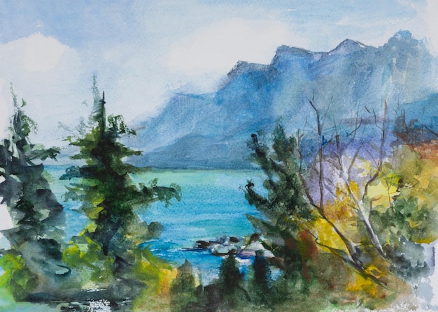 Sea mountains watercolor