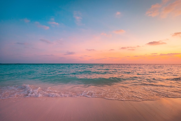 Sea ocean beach sunset sunrise landscape outdoor. Water wave with white foam. Beautiful sunset color