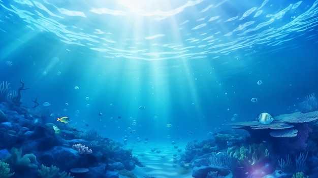 Sea or ocean underwater deep nature background with sunlight