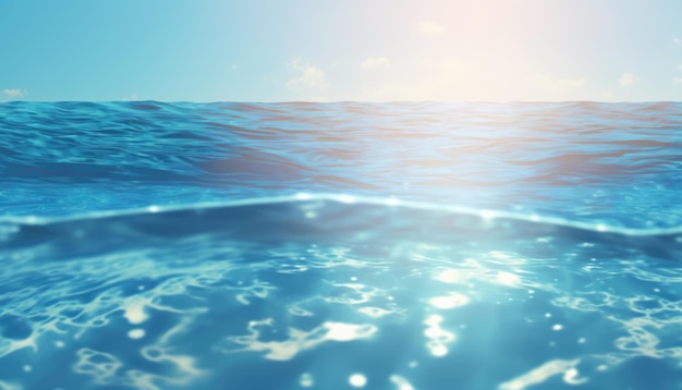 Sea or ocean wave background View from water of a clear blue sky and sun Seascape Blue clean water