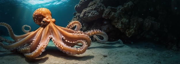 Photo sea octopus near the coral reef swimming underwater representing the concept of the amazing underwat