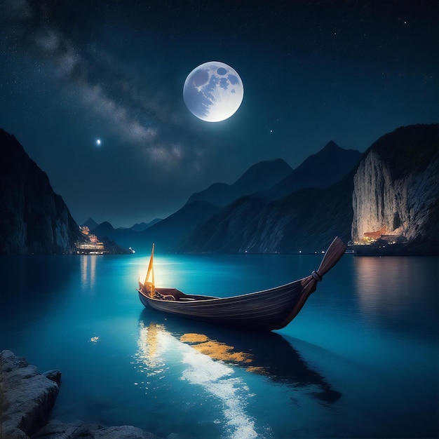 Sea on the other side mountain with a sampan boat galaxy in the sky at deep night Wallpaper