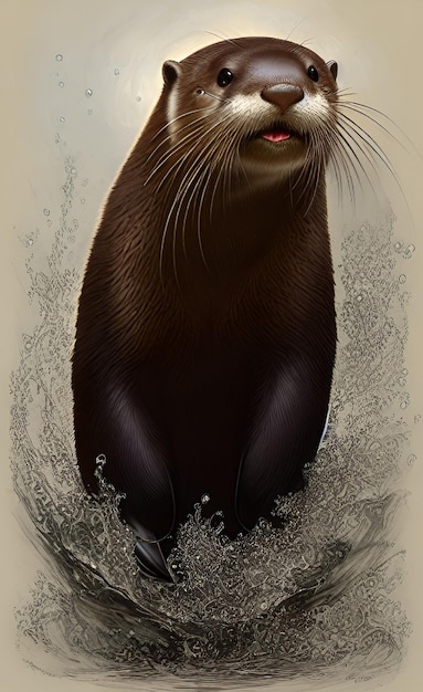 A sea otter is standing in a wave and the word otter is on the bottom