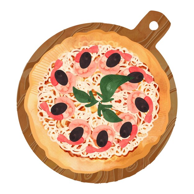 Photo sea pizza with olive shrimp and basil on thick dough on a round wooden serving board isolated