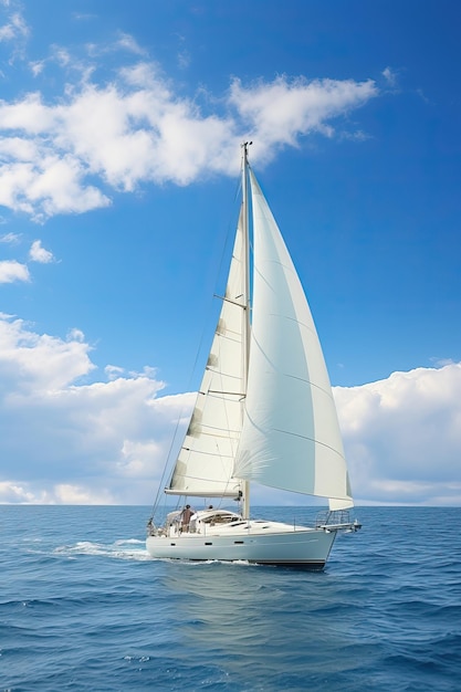 Sea Racing Yacht with White Sails on Calm Day