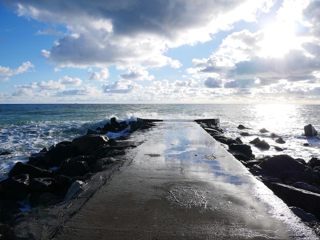 Sea rocks sky and sun in spring