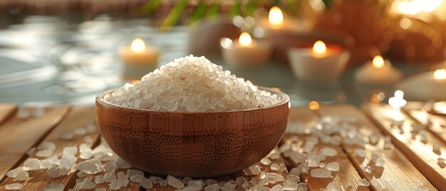 Sea salt on bamboo board in a spa salon