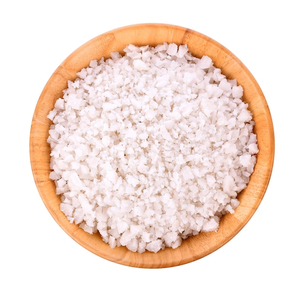 Sea salt in wooden bowl on white background