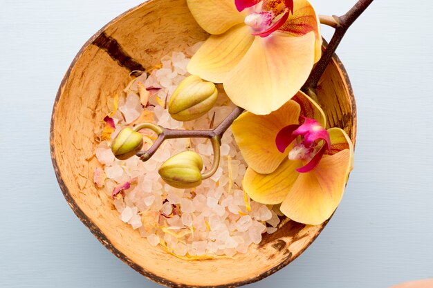 Sea salt, yellow orchid.