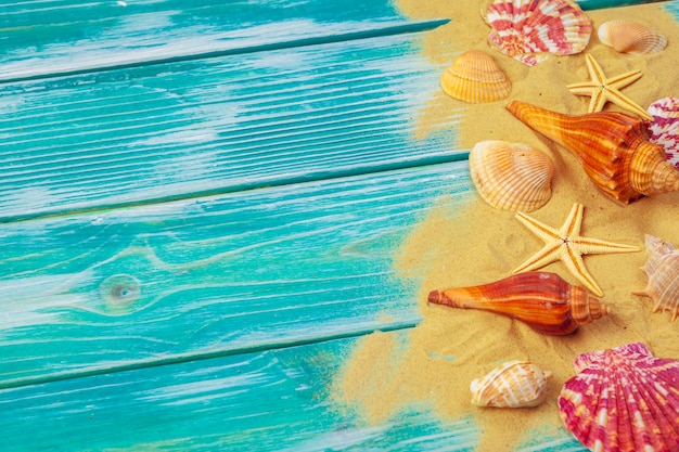 Sea sand and Sea shells on blue wooden floor