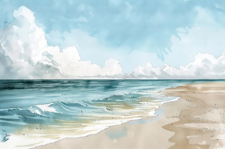 Photo sea and sand in style pen water art landscape