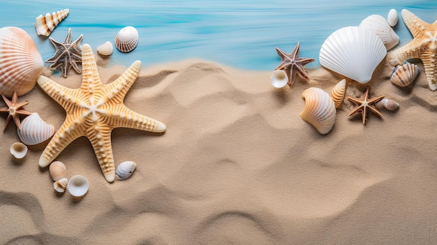 Морской песок с морскими звездами и ракушками Верхний вид с пространством для копирования