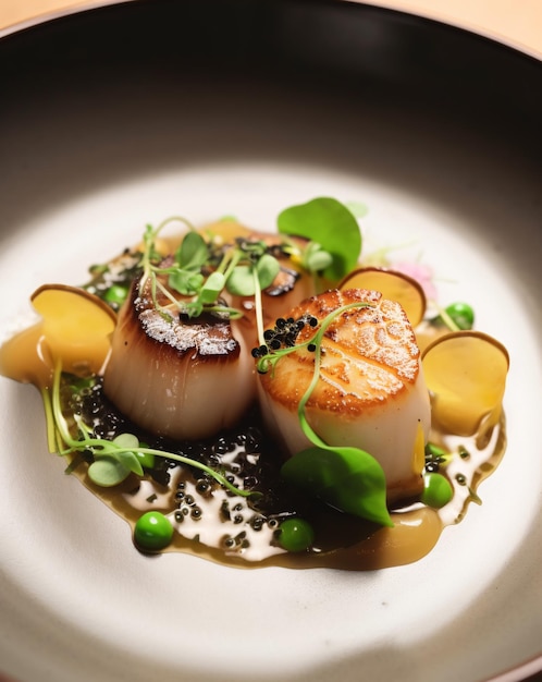 Sea scallops with fried leek and rose purslane onion broth AI generation