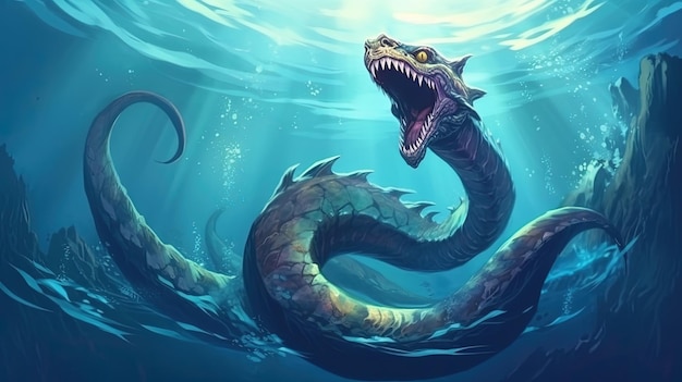 Морской змей плывет в океане Фантастическая концепция Иллюстрация живопись Генеративный ИИ