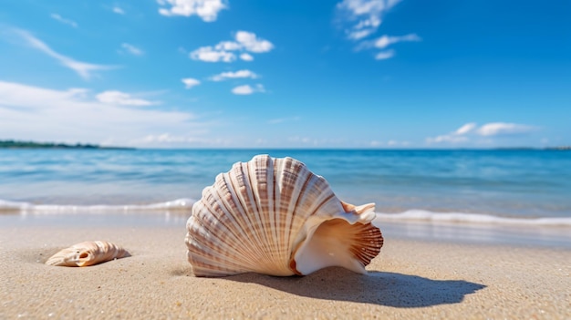 A sea shell on a beach with the ocean in the background