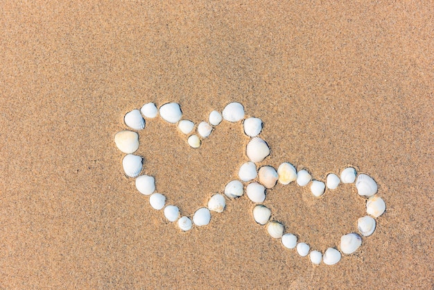 Sea shell hearts on the sand beach